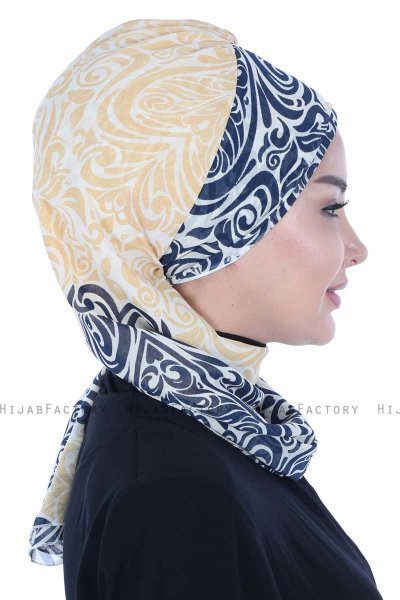 Regina - Marineblå & Gul Chiffon Instant Turban