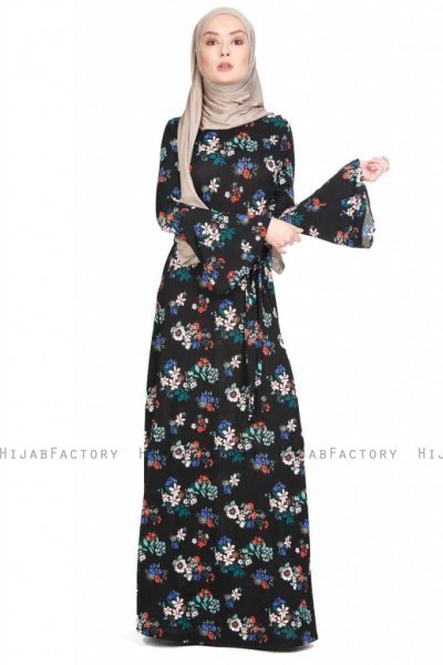Samar Svart Blommig Klänning Miss Halima 280301c