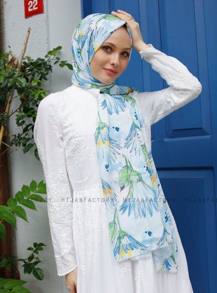Yumna - Blå Blad Mønstret Hijab