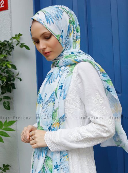 Yumna - Blå Blad Mønstret Hijab