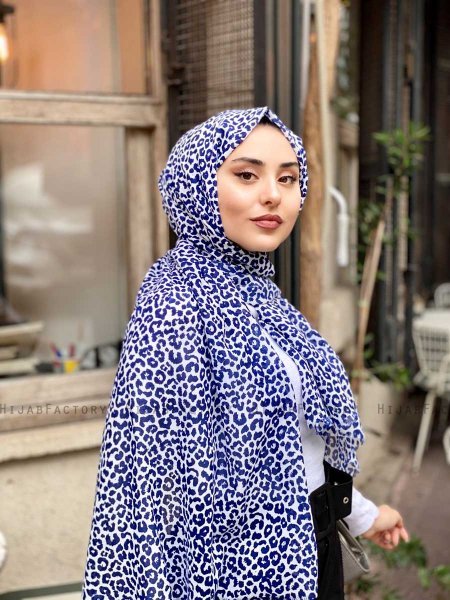 Suha - Marineblå & Hvit Leopard Mønstret Bomull Hijab