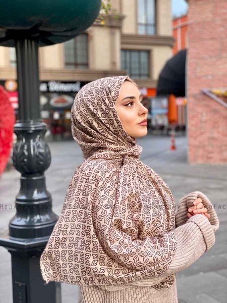 Wahida - Taupe Mønstret Bomull Hijab - Mirach